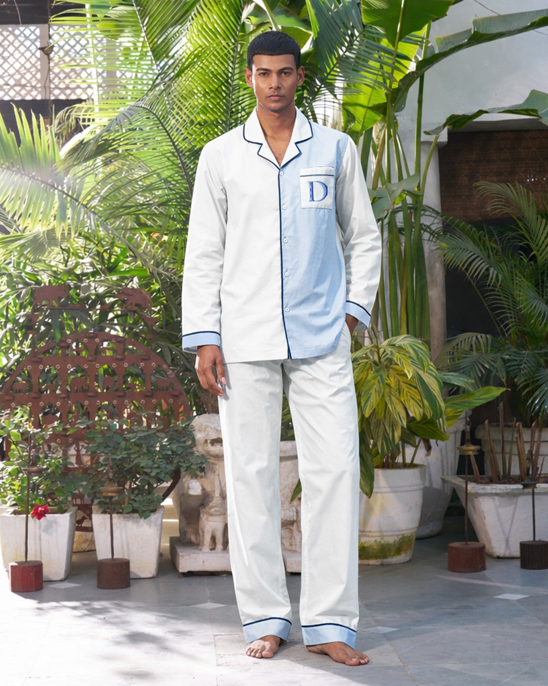 Sky Mist - Everyday Set <br> Men’s Embroidered Cotton Notch Collar Pajama Set