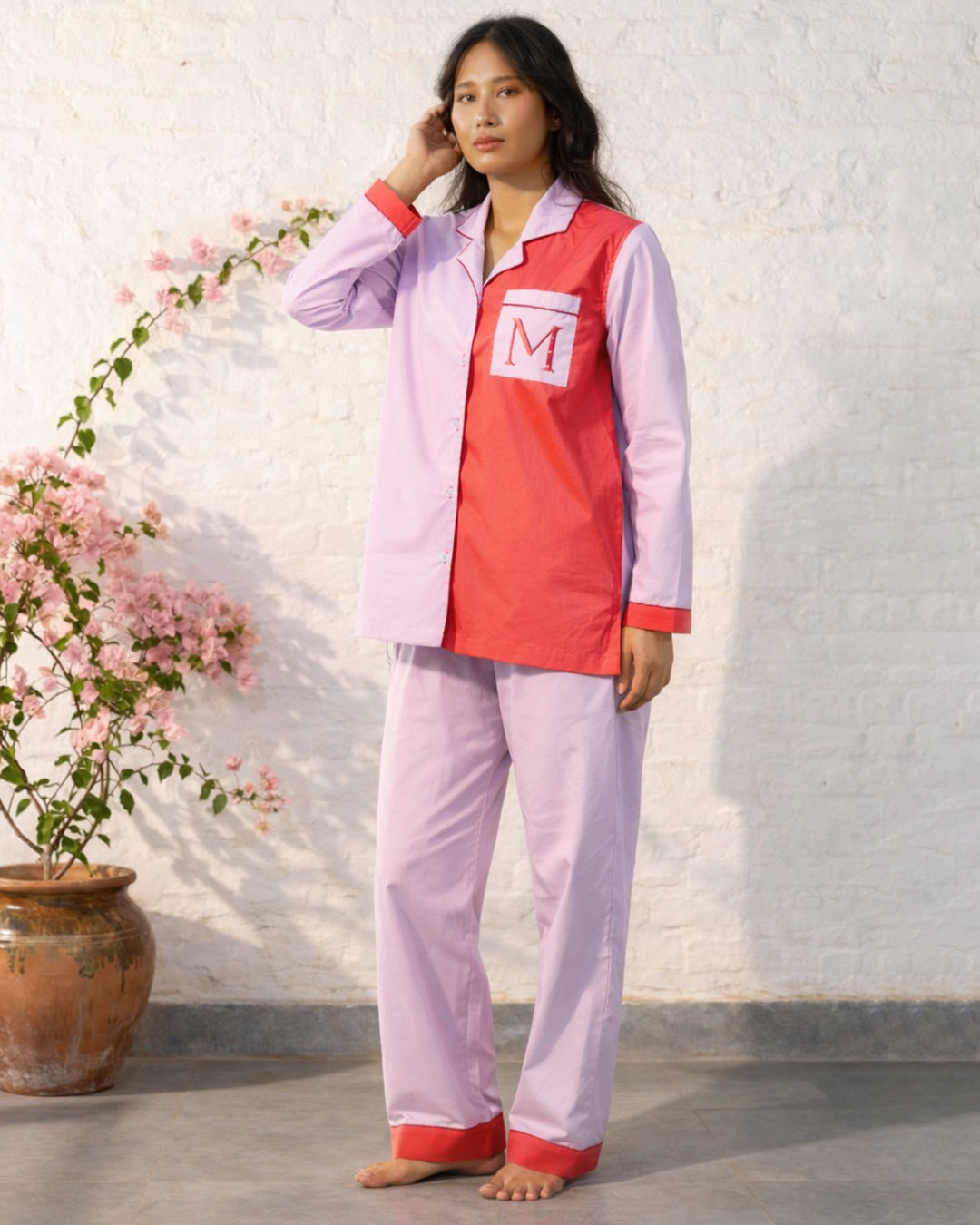 Sunset Coral - Everyday Set <br> Women’s Embroidered Cotton Notch Collar Pajama Set