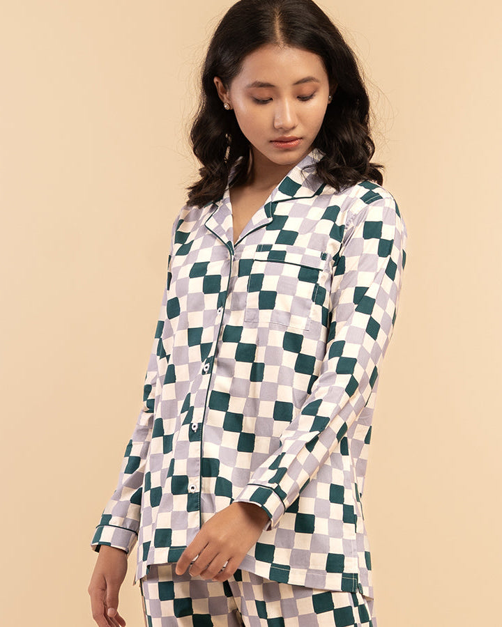 Fable Grid Cotton Notched Collar Pyjama Set