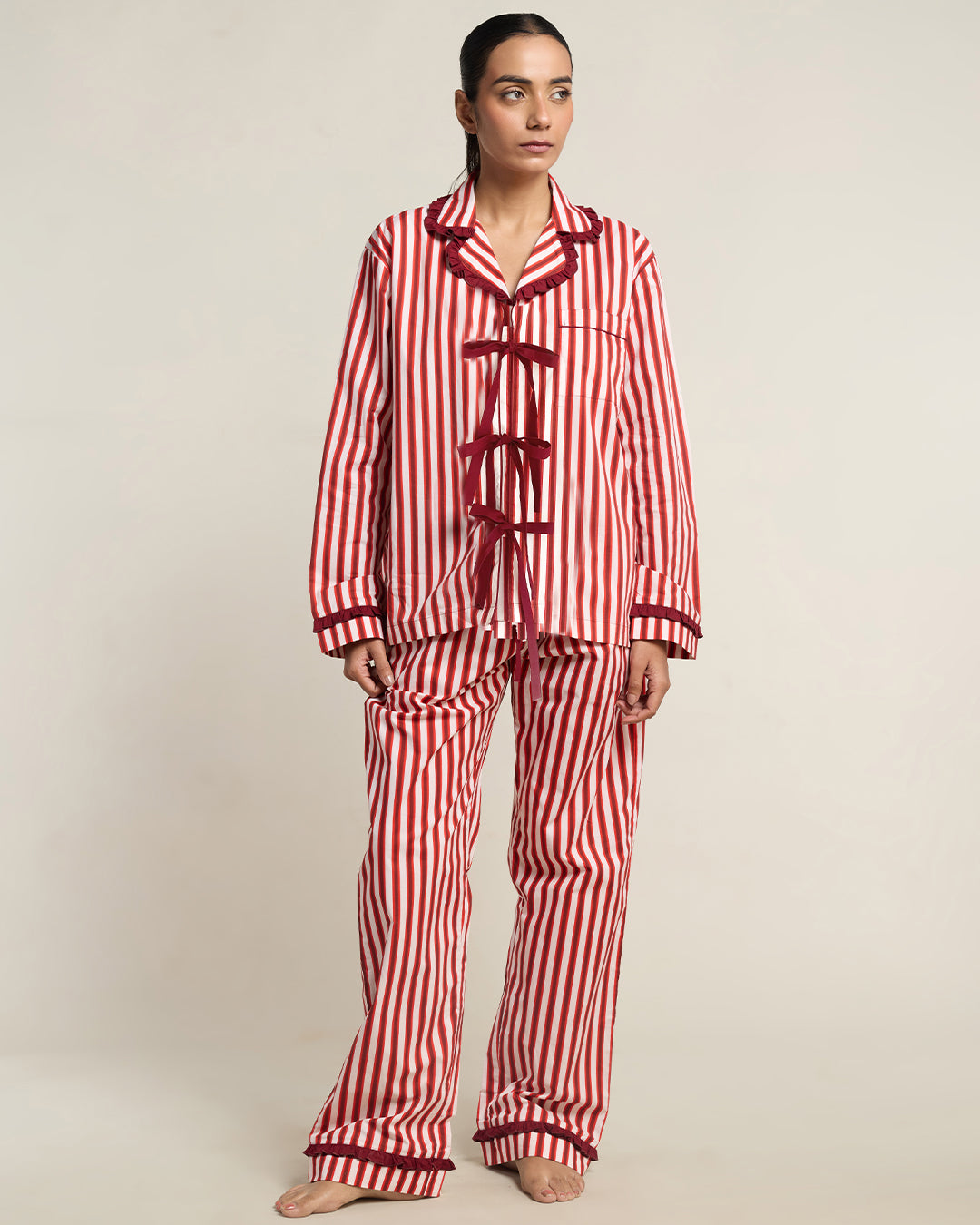 Cranberry Stripe Tie Up Cotton Pyjama Set