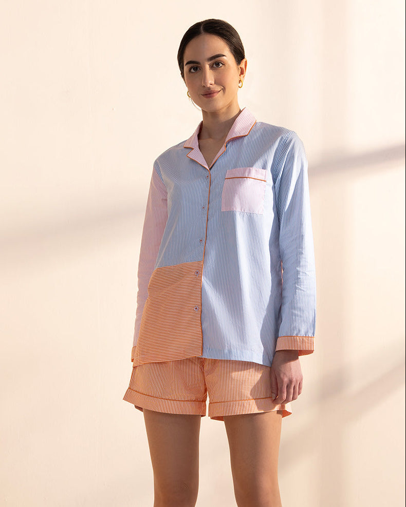 Poppy Stripes Cotton Notched Shorts Set