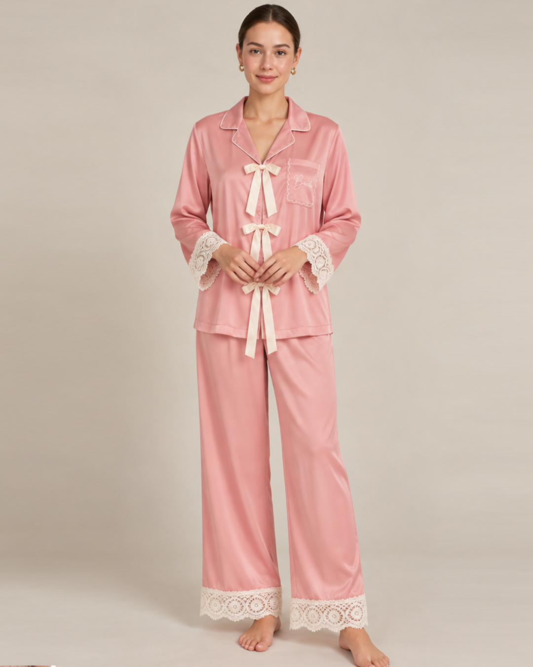 Bridal Soirée Set <br> Satin Bow-tie Bride Embroidered Pajama Set