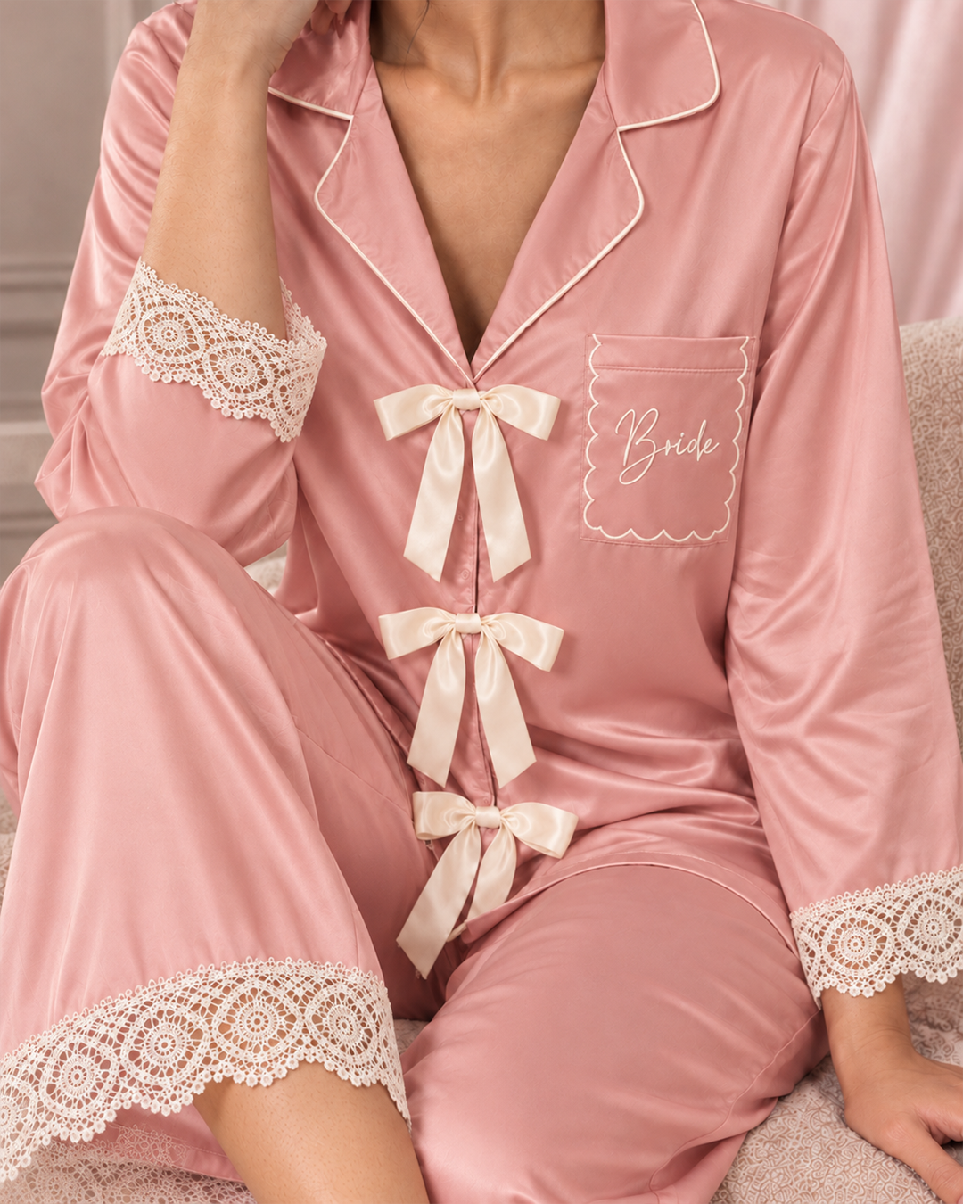 Bridal Soirée Set <br> Satin Bow-tie Bride Embroidered Pajama Set