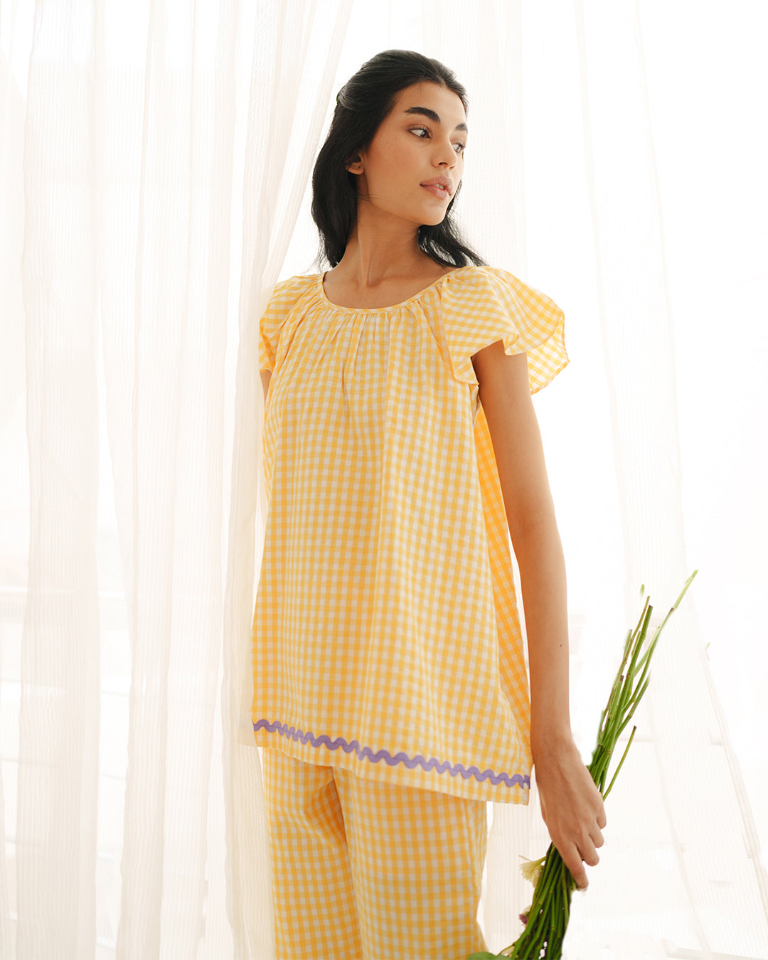 Sunwarm - Breeze Set <br> Women’s Cotton Gingham Ruffled Pajama Set