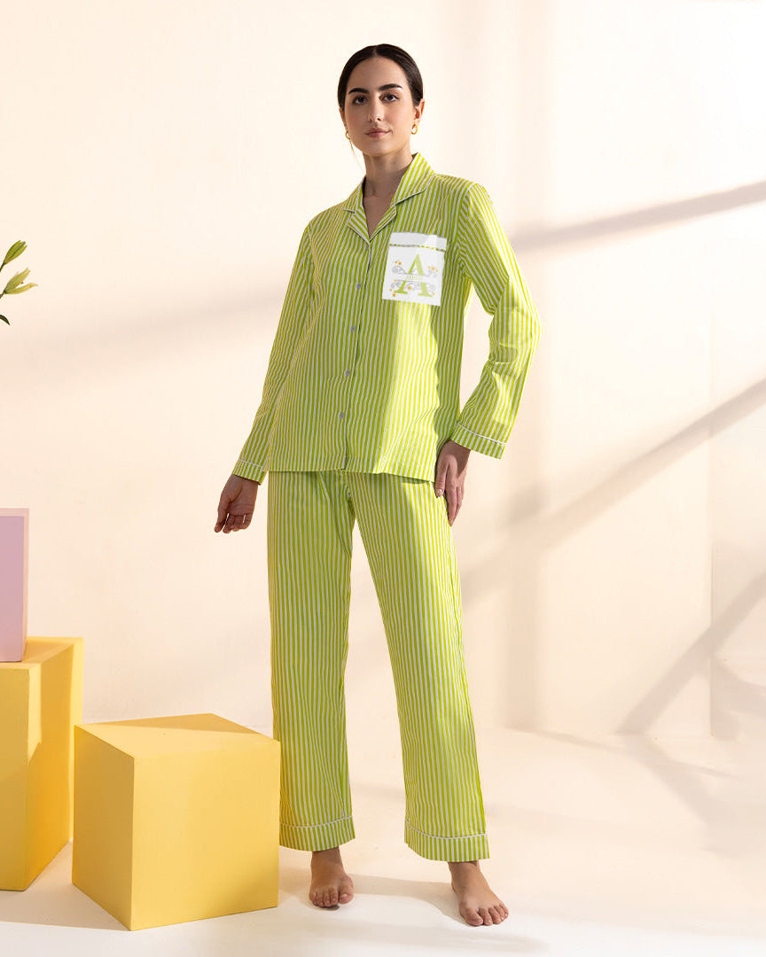 Applemint Embroidered Cotton Notched Collar Pyjama Set