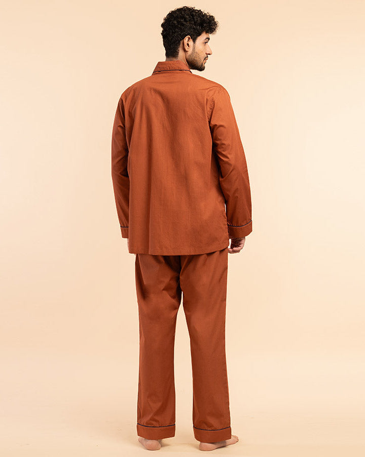 Canyon Clay Embroidered Notched Pyjama Set For Men