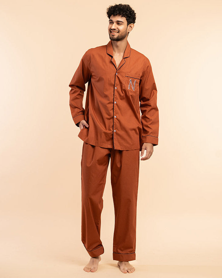 Canyon Clay Embroidered Notched Pyjama Set For Men