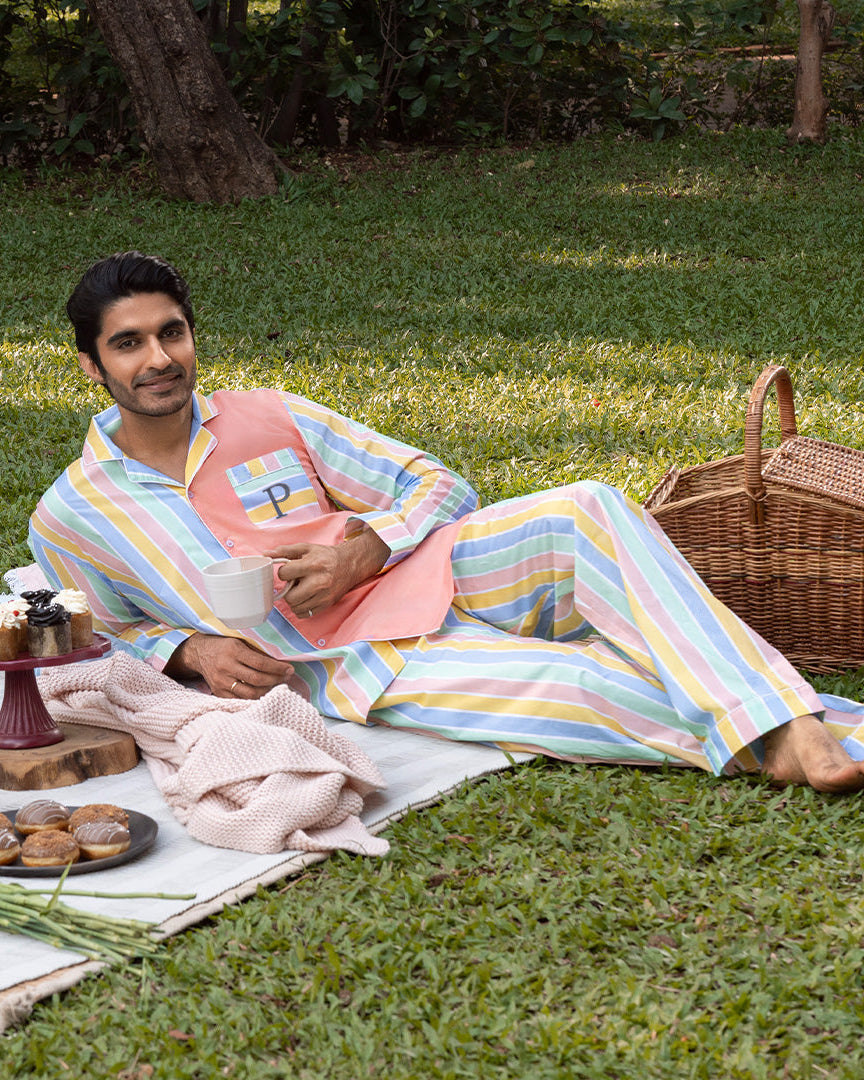 Pastel Paradox Cotton Notched Collar Pyjama Set - Men
