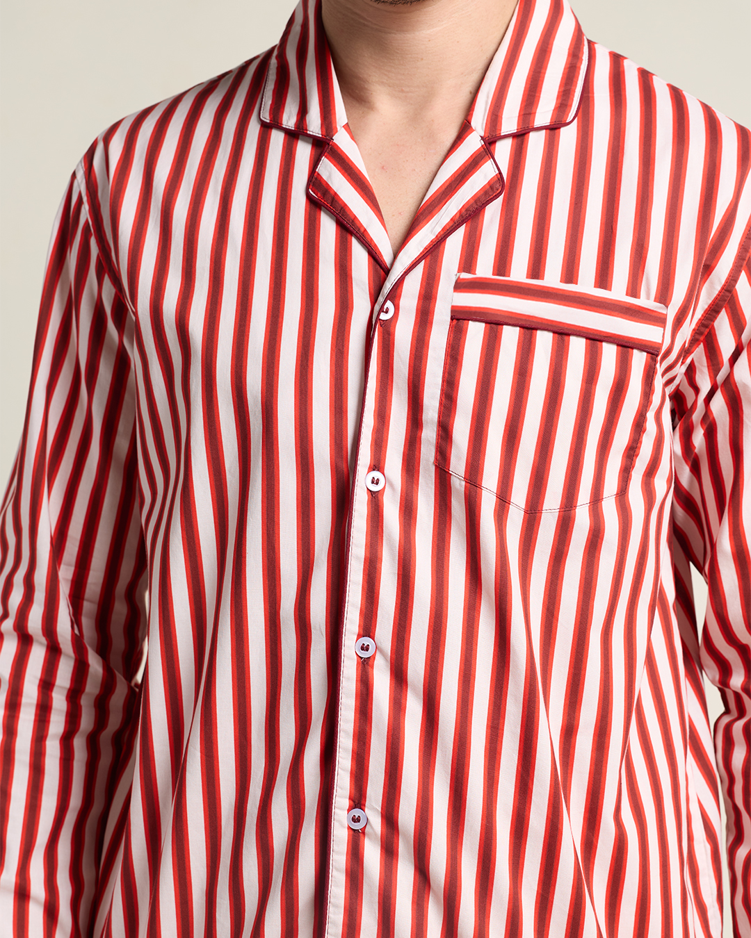 Cranberry Stripe Cotton Notched Pyjama Set - Men
