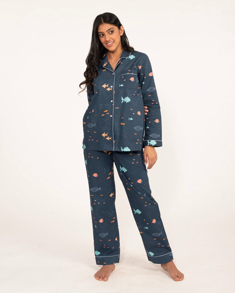 Deep Dive Cotton Notched Collar Pyjama Set
