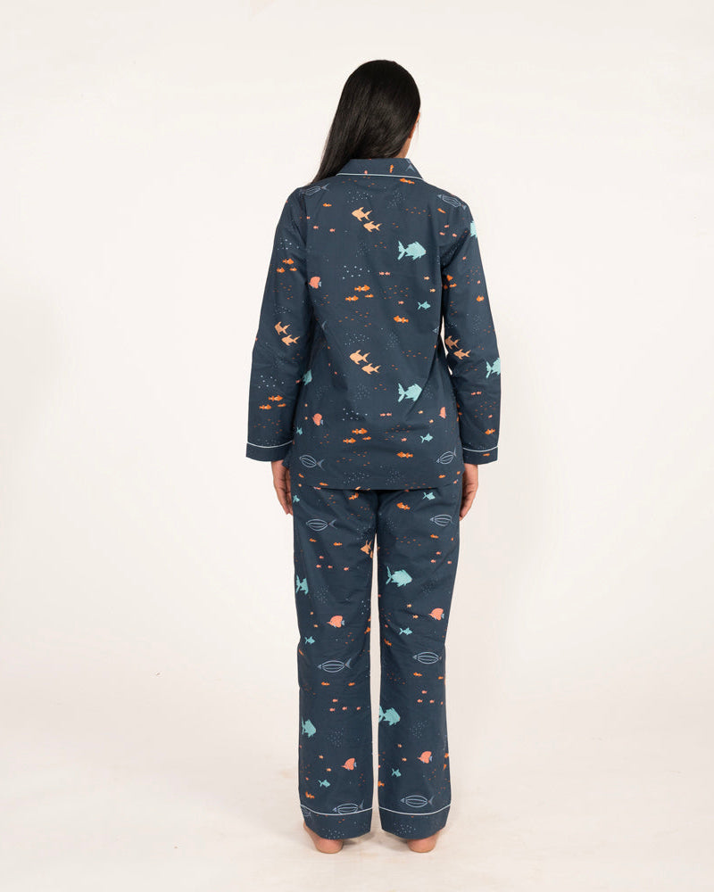 Deep Dive Cotton Notched Collar Pyjama Set