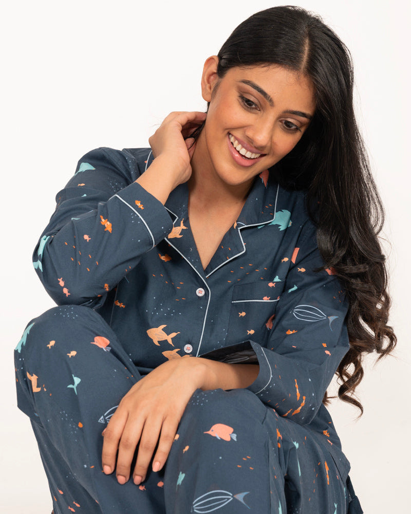 Deep Dive Cotton Notched Collar Pyjama Set