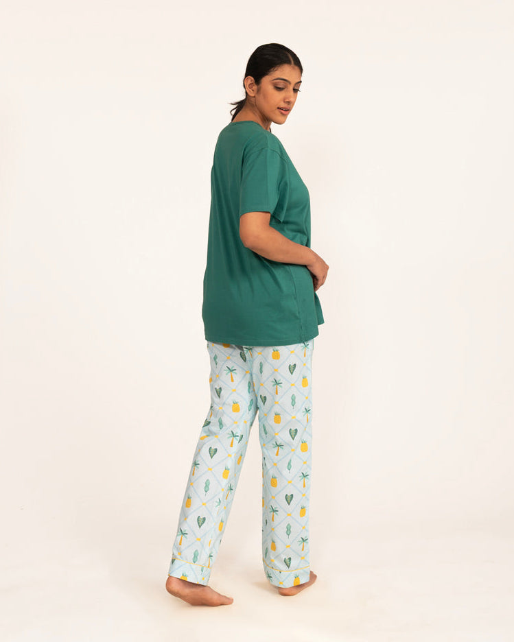 Pineapple Palms Embroidered T-shirt & Cotton Pyjama Women's
