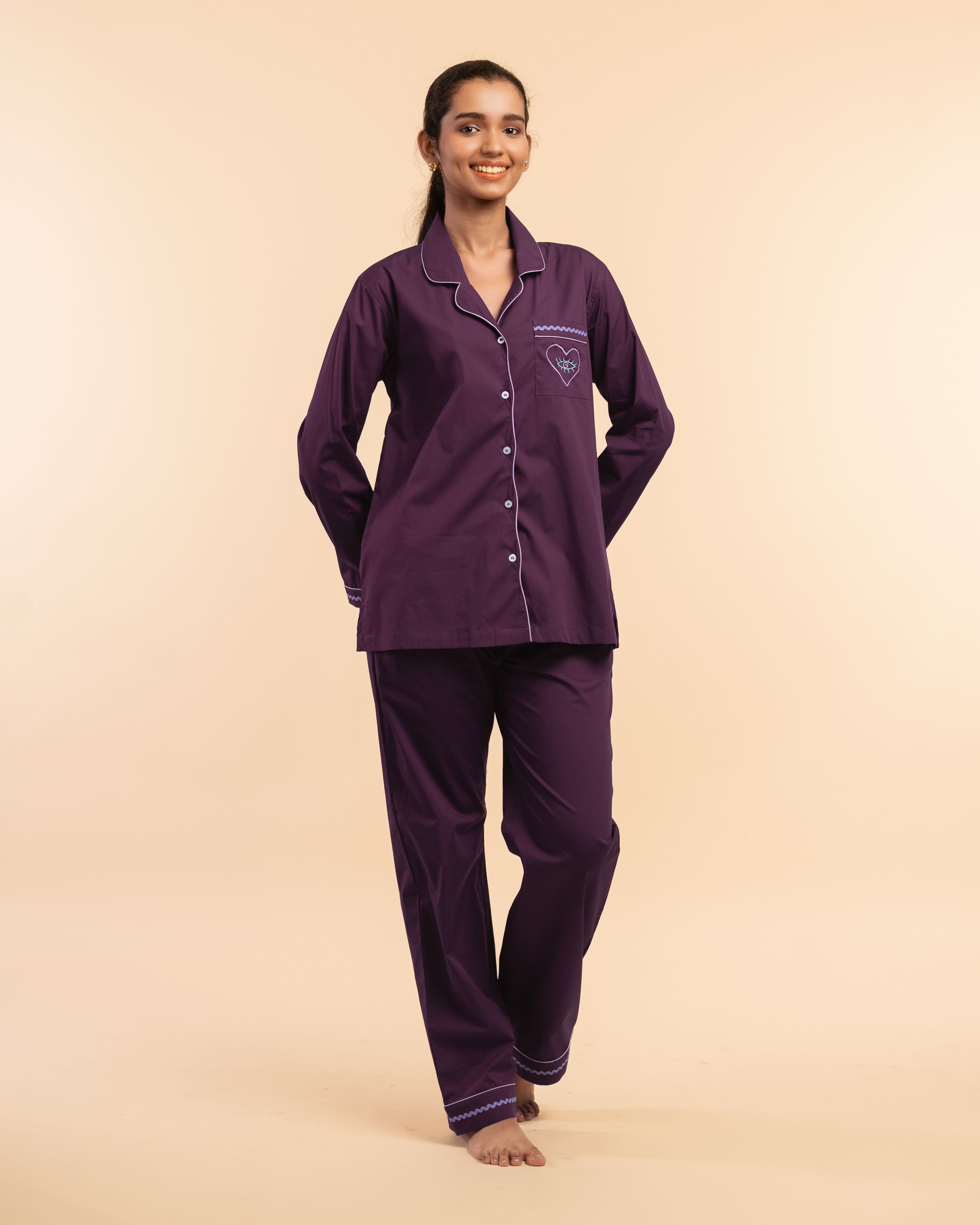 Mulberry Wine Embroidered Notched Collar Pyjama Set - Women
