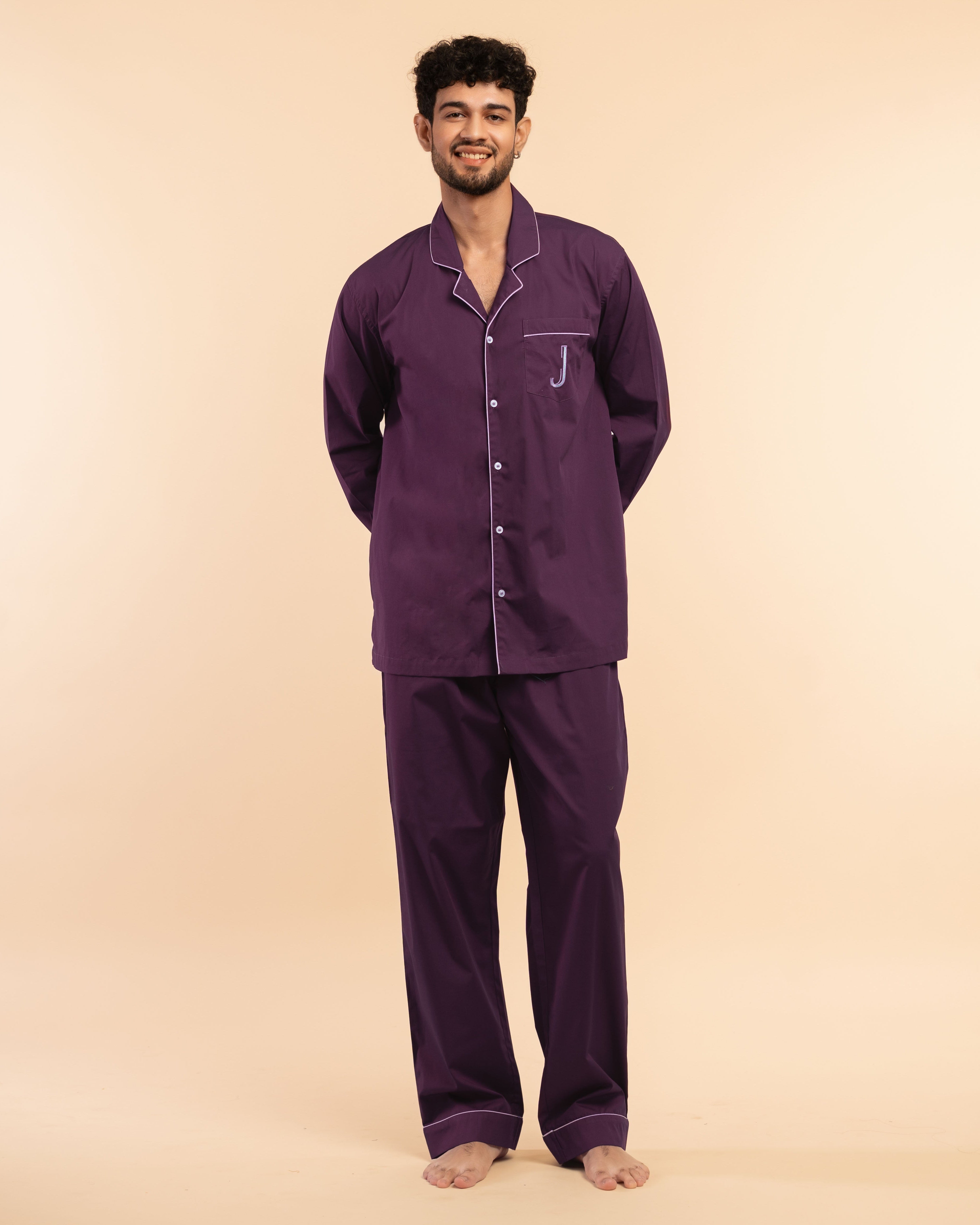 Mulberry Wine Embroidered Notched Pyjama Set - Men