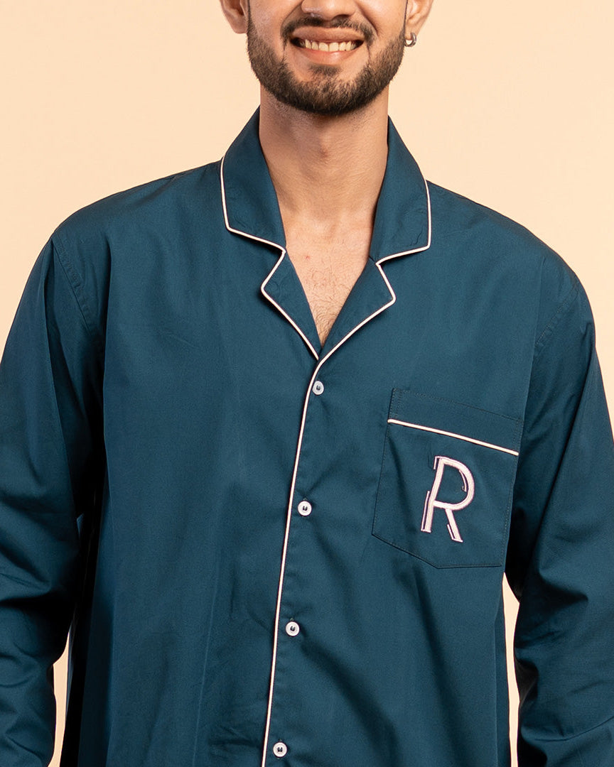 Deep Current Embroidered Notched Pyjama Set For Men