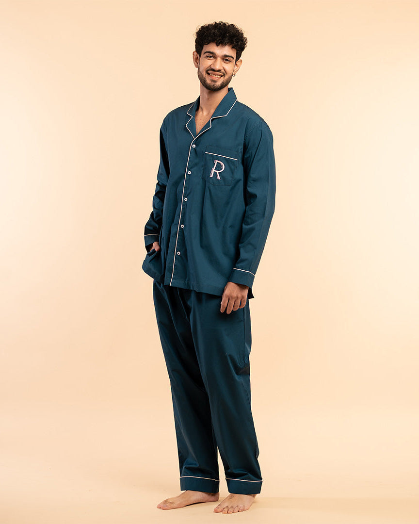 Deep Current Embroidered Notched Pyjama Set For Men