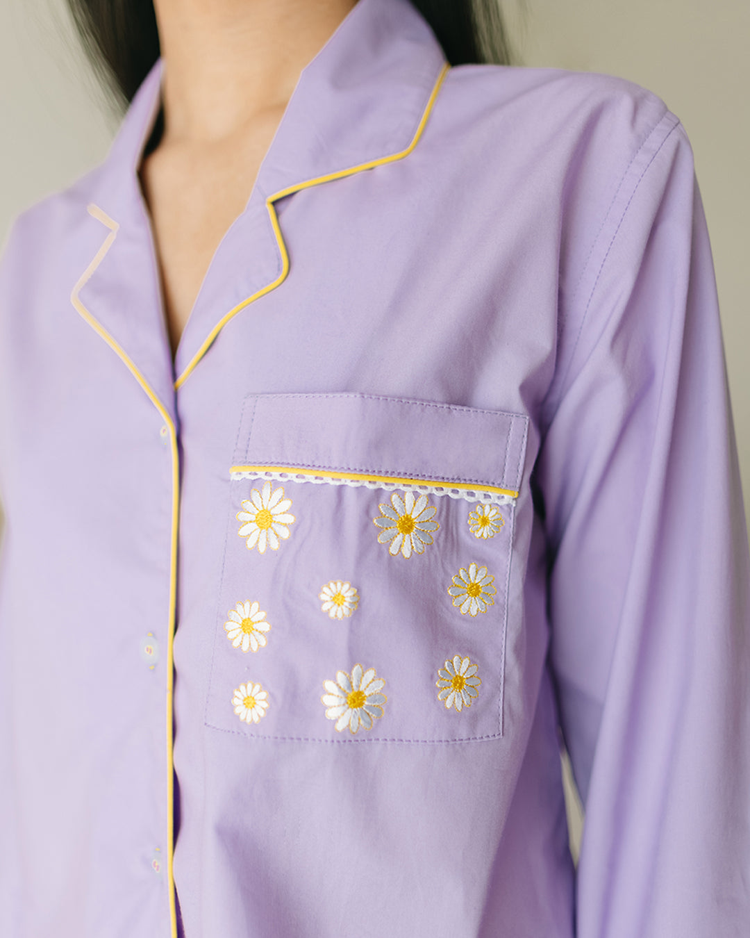 Embroidered Posie Periwinkle - Everyday Set <br> Women Cotton Notched Pajama Set