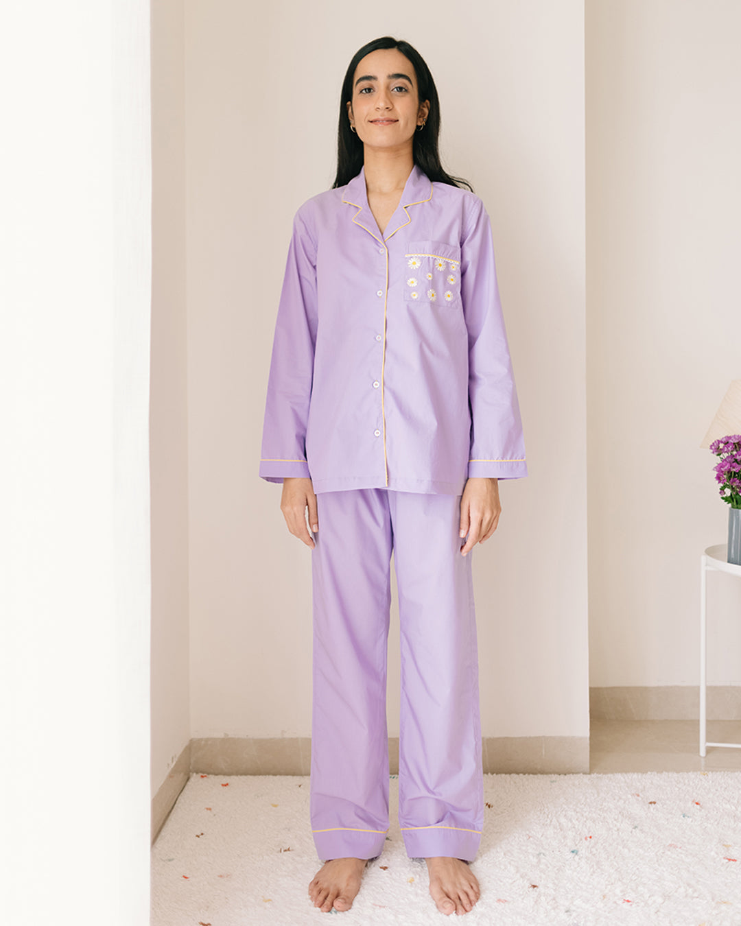 Embroidered Posie Periwinkle - Everyday Set <br> Women Cotton Notched Pajama Set