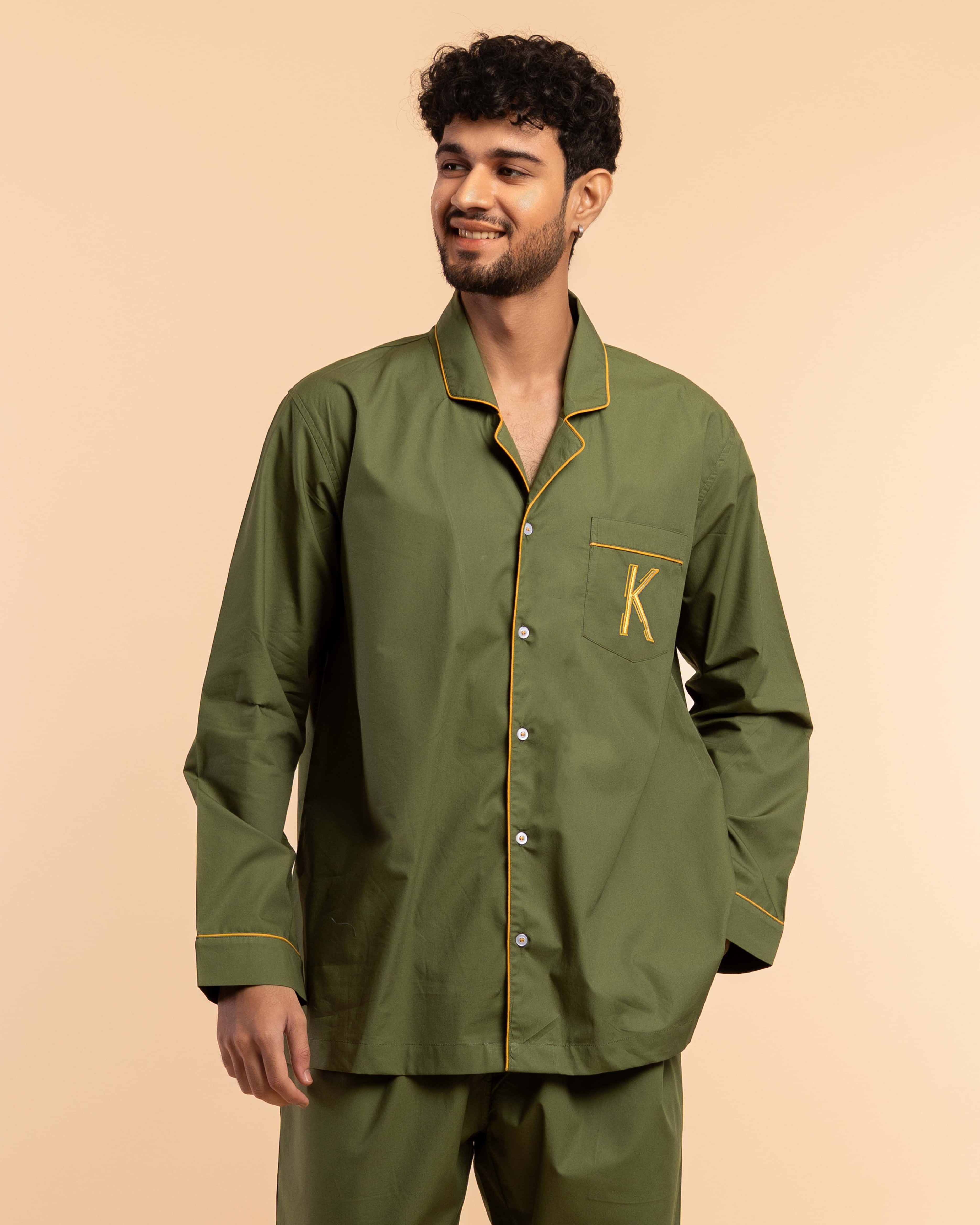 Wild Moss Embroidered Cotton Notched Pyjama Set - Men