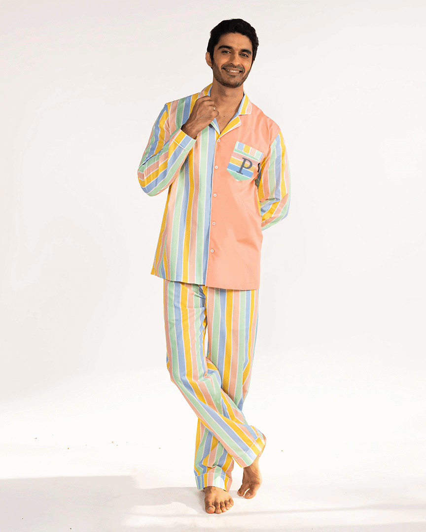 Pastel Paradox Cotton Notched Collar Pyjama Set - Men
