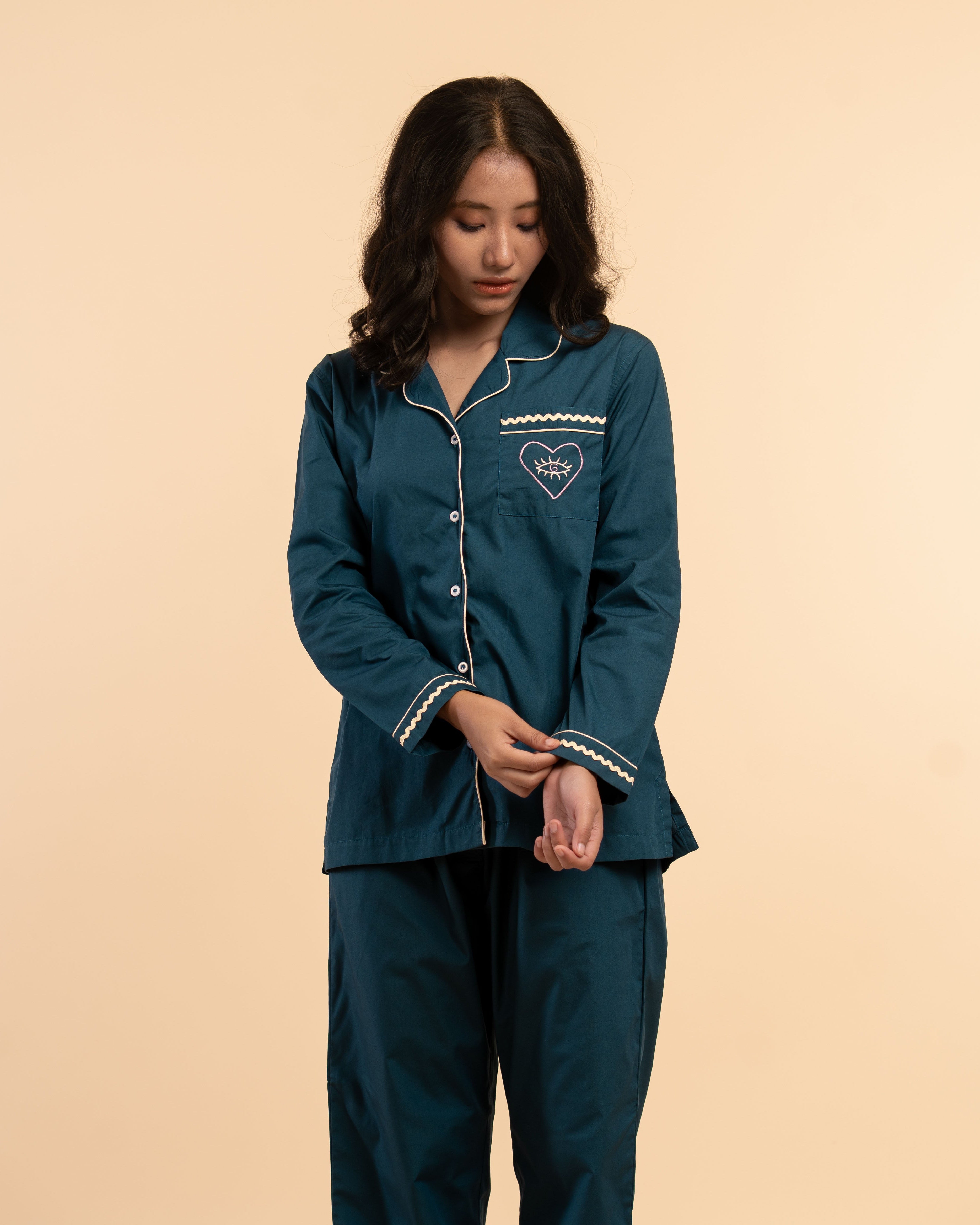 Deep Current Embroidered Notched Collar Pyjama Set - Women