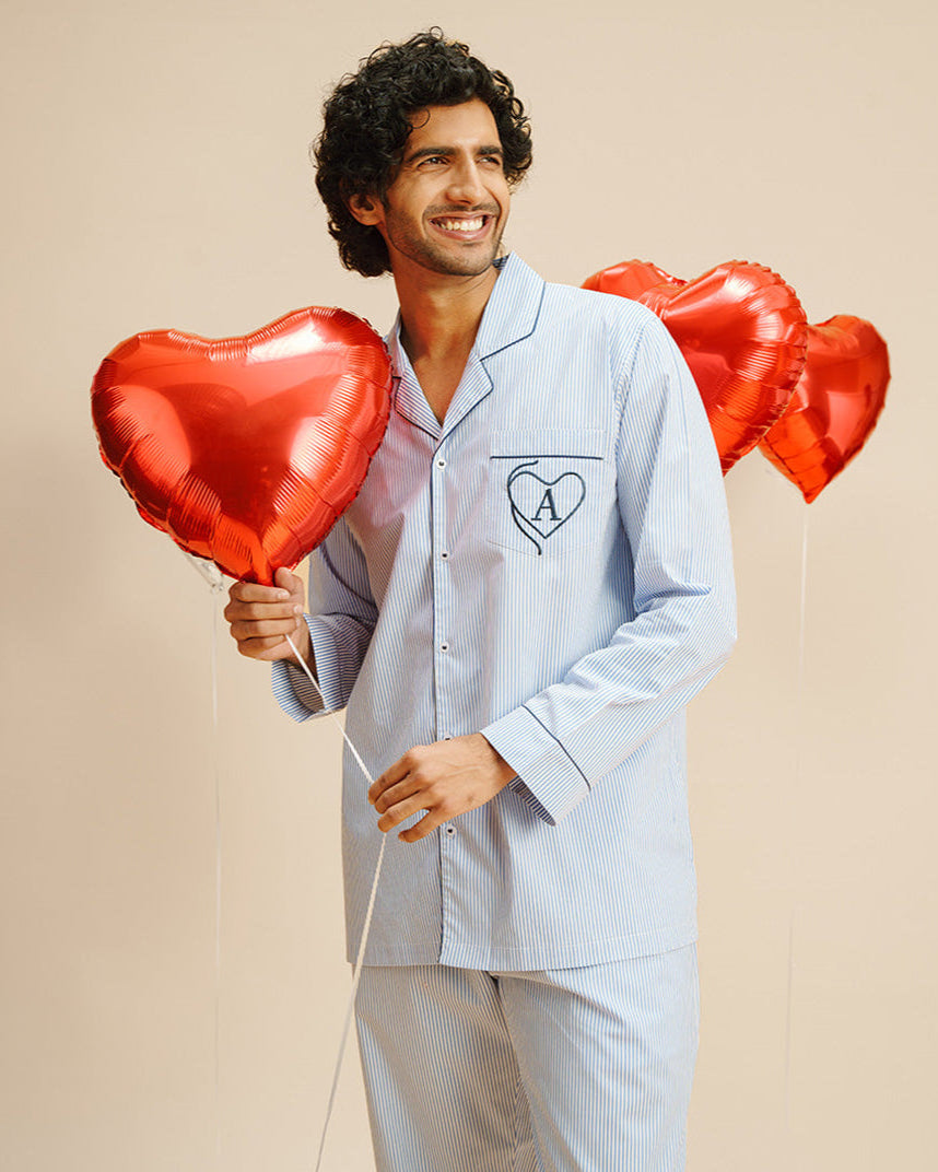 Cloudy Embroidered Cotton Notched Pyjama Set - Men