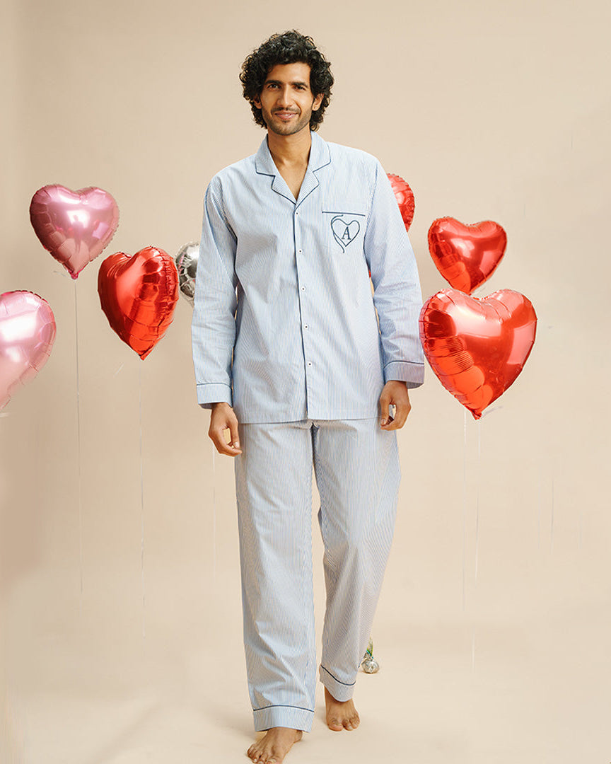 Cloudy Embroidered Cotton Notched Pyjama Set - Men