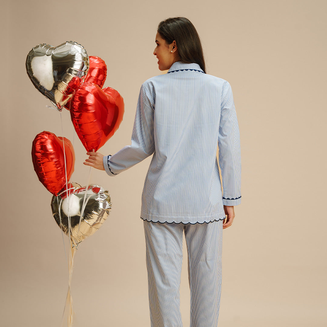 Baby Blues Embroidered Notched Collar Pyjama Set - Women