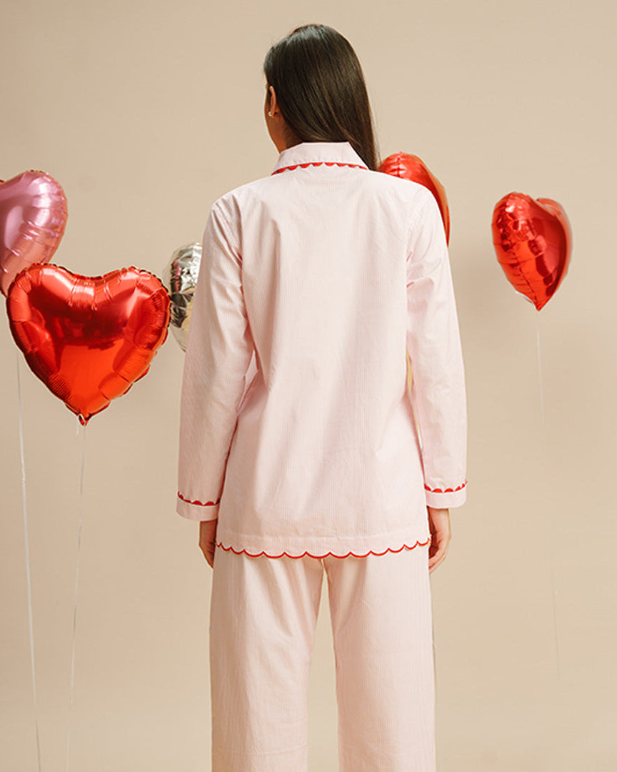 Tickled Pink Embroidered Notched Collar Pyjama Set - Women