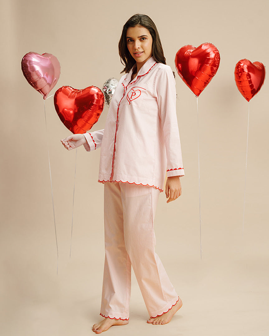 Tickled Pink Embroidered Notched Collar Pyjama Set - Women