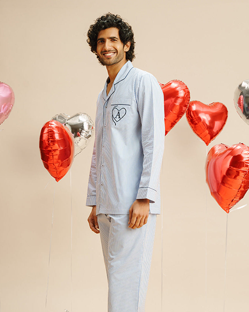 Cloudy Embroidered Cotton Notched Pyjama Set - Men