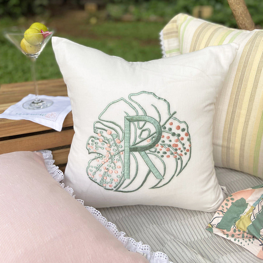 Dandelion - Monstera -Embroidered Cushion- Woven fabric