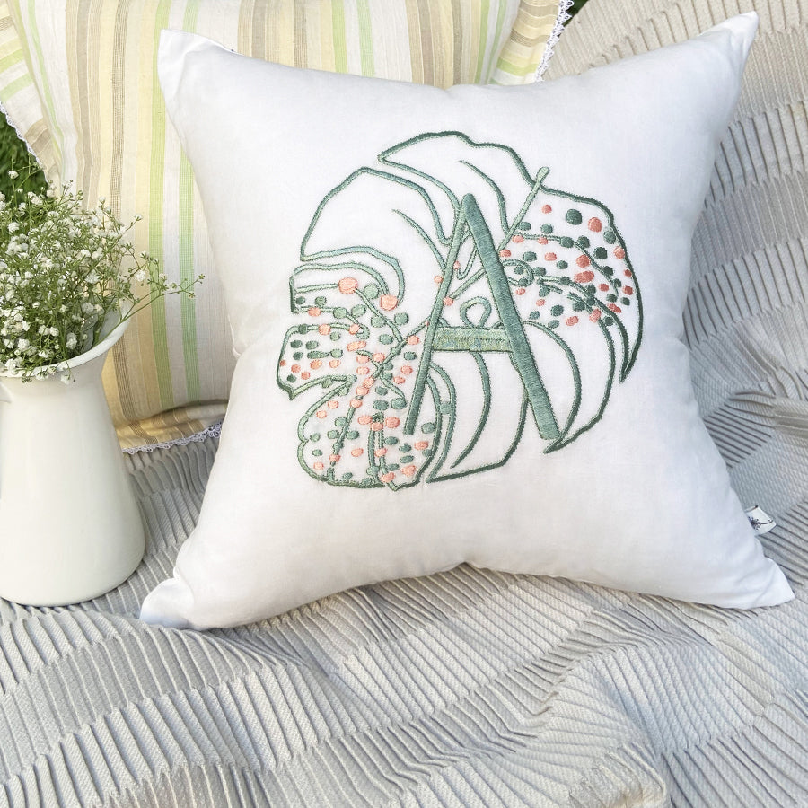 Dandelion - Monstera -Embroidered Cushion- Woven fabric