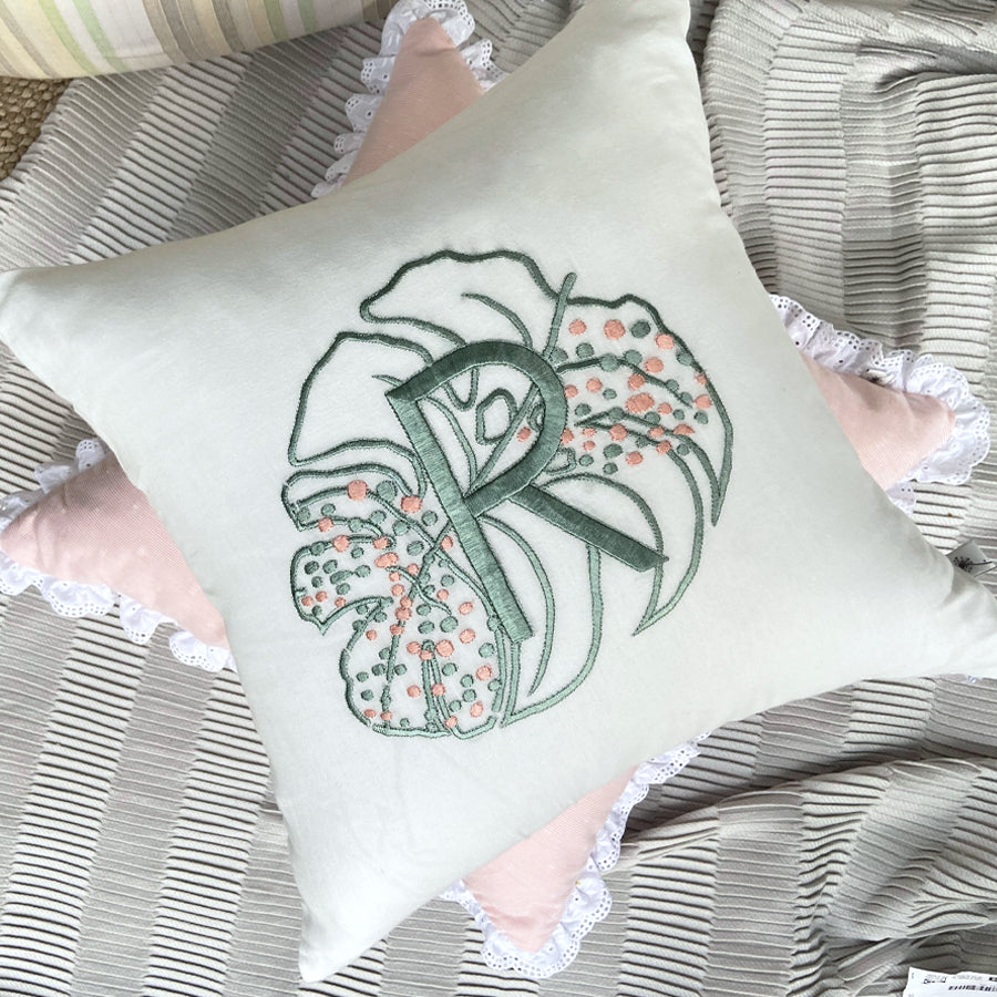 Dandelion - Monstera -Embroidered Cushion- Woven fabric