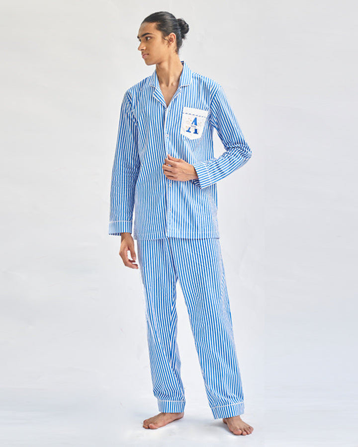 Floaty Sky Cotton Embroidered Notched Pyjama Set