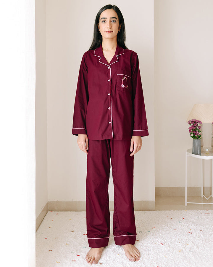 Calligraph - Everyday Set<br>Women’s Embroidered Cotton Notch Collar Pajama Set