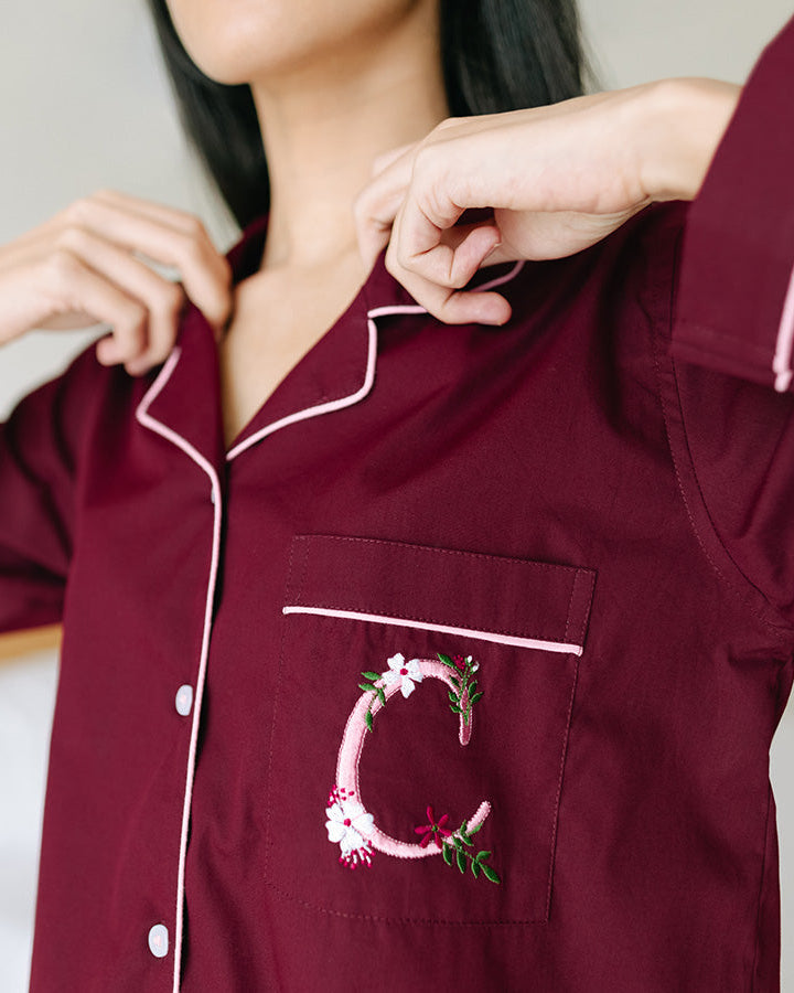 Calligraph - Everyday Set<br>Women’s Embroidered Cotton Notch Collar Pajama Set