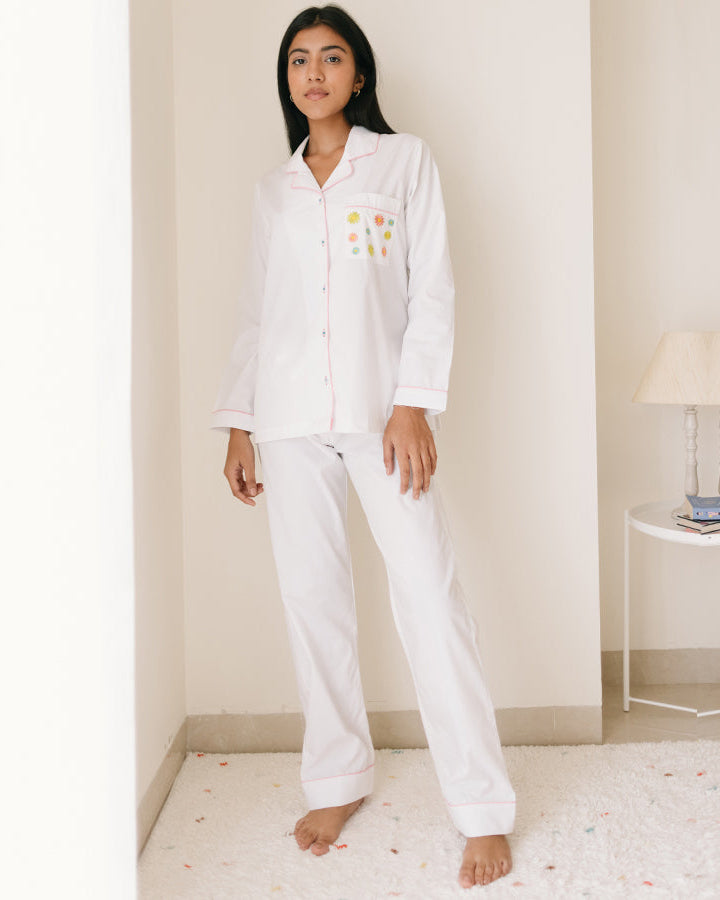 Embroidered Posie Pastel Punch - Everyday Set <br> Women Cotton Notched Pajama Set