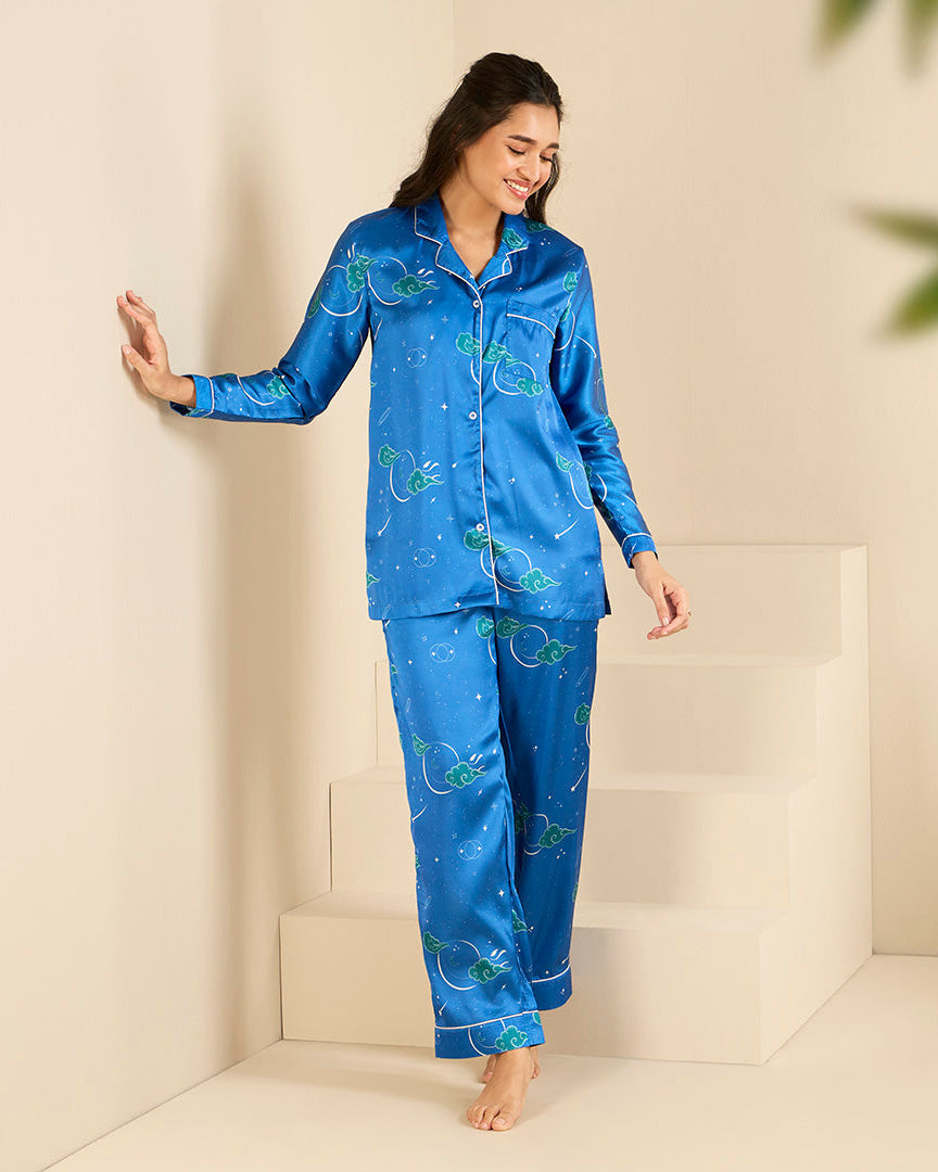 Midnight Stardust Satin Notched Pyjama Set