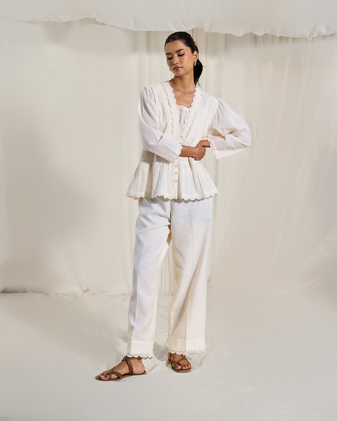 Soft Ivory - Lumi Set <br> Women's Dobby Pintuck Peplum Set with Scallop