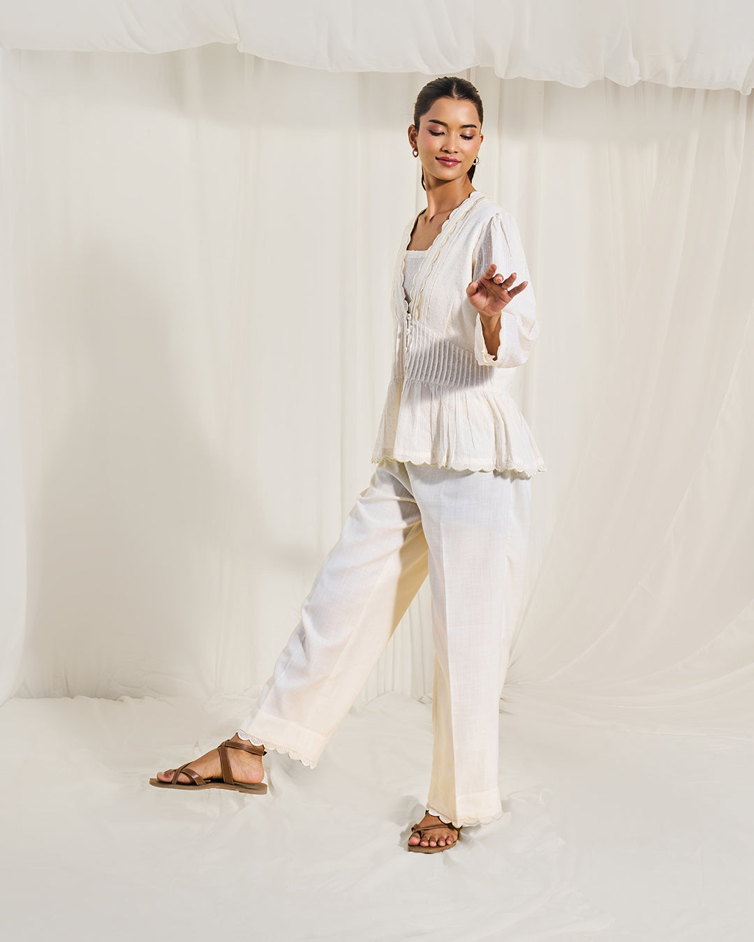 Soft Ivory - Lumi Set <br> Women's Dobby Pintuck Peplum Set with Scallop