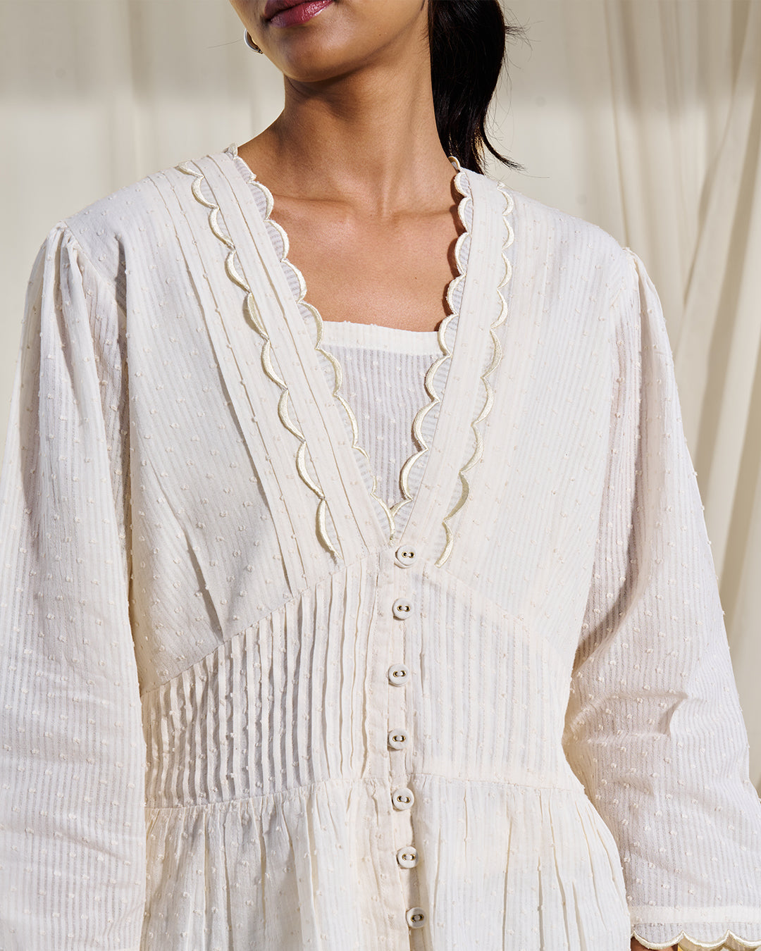 Soft Ivory - Lumi Set <br> Women's Dobby Pintuck Peplum Set with Scallop