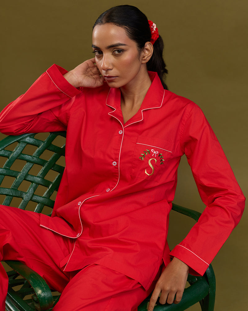 Red Velvet Cotton Notched Collar Pyjama Set