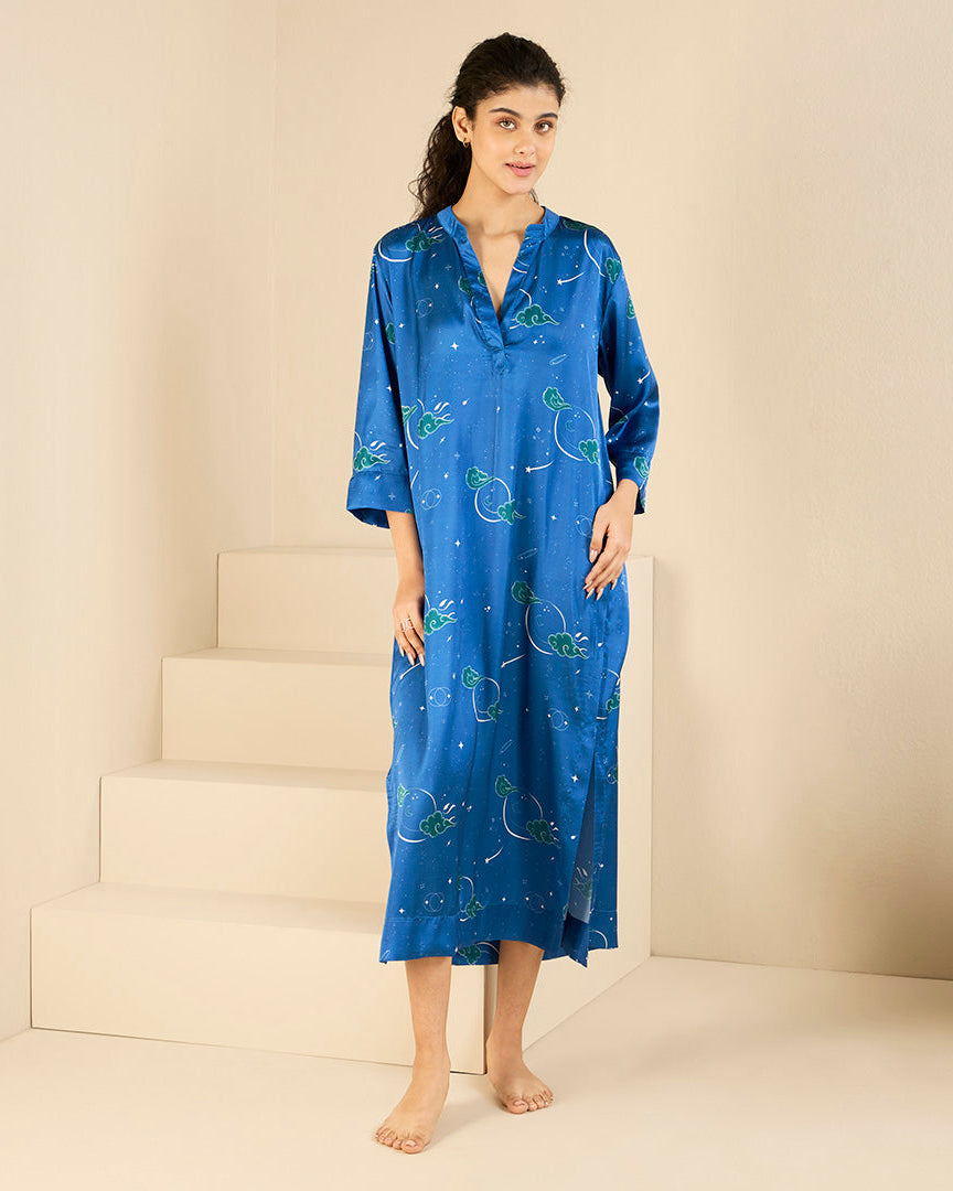 Midnight Stardust Satin Midi Kaftan Dress