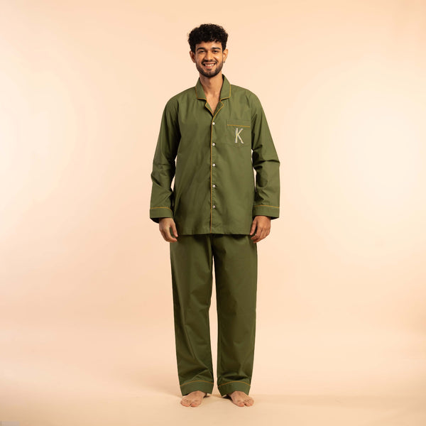 Wild Moss Embroidered Cotton Notched Pyjama Set - Men