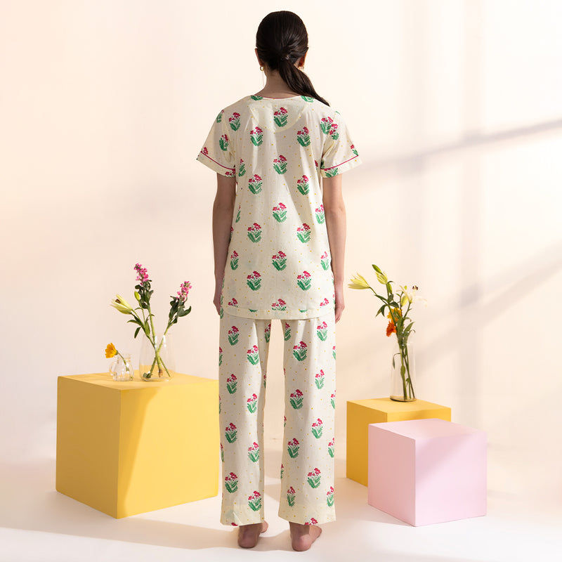 Bougainvillea Cotton Dip-Neck Pyjama Set
