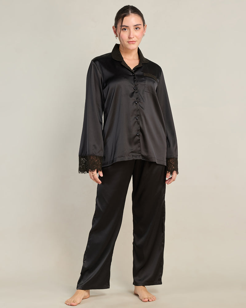 Ebony Satin Notched Collar Pyjama Set