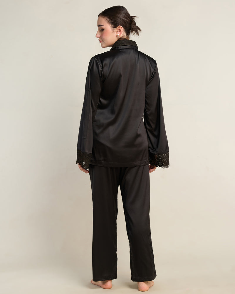 Ebony Satin Notched Collar Pyjama Set