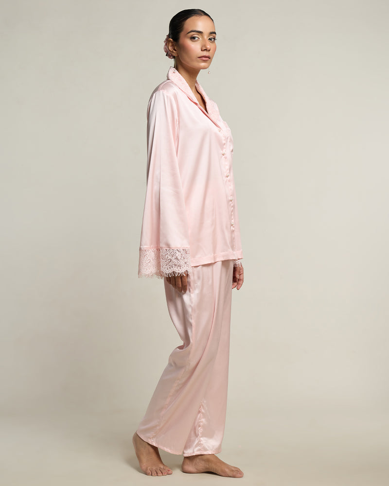 Rosé Satin Relaxed Notched Collar Pyjama Set